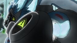 anal anal_sex anthro ass blood blue_body blue_eyes blue_fur blue_penis bodily_fluids broken_glass butt_focus city city_background city_destruction destruction duo female fluffy_hybrid fur genital_fluids genitals glass glowing glowing_genitalia glowing_penis intersex intersex/male machine male male/female male/male penetration penis precum protogen sex_toy solo wounded