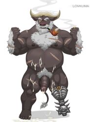 absurd_res ahab_(tas) amputee anthro arm_hair balls beard big_penis bodily_fluids body_hair bovid bovine bulge cape_buffalo chest_hair cum cum_covered disability erection facial_hair feral foreskin genital_fluids genitals hi_res horn human lifewonders lovkuma male male_focus mammal messy moustache muscular muscular_anthro muscular_male nipple_outline nipples pegleg penis pipe prosthetic prosthetic_leg prosthetic_limb pubes sailor scar smoking solo tokyo_afterschool_summoners uncircumcised vein veiny_penis
