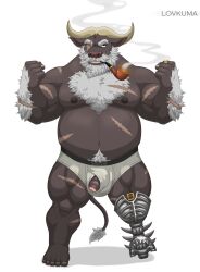 absurd_res ahab_(tas) amputee anthro arm_hair balls beard big_penis body_hair bovid bovine bulge cape_buffalo chest_hair clothed clothing disability erection facial_hair foreskin genitals hi_res horn lifewonders lovkuma male male_focus mammal moustache muscular muscular_anthro muscular_male nipple_outline nipples pegleg penis pipe prosthetic prosthetic_leg prosthetic_limb pubes sailor scar smoking solo tokyo_afterschool_summoners uncircumcised underwear