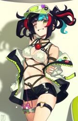 absurdres arms_behind_back ball_gag black_hair bondage bound breasts cad_(caddo) commentary_request crotch_rope drooling egg_vibrator fate/grand_order fate_(series) female gag gag_around_neck gagged highres jacket looking_at_viewer medium_breasts multicolored_hair navel one_eye_closed open_mouth pussy_juice red_hair sei_shounagon_(fate) sex_toy shibari_over_clothes shorts skindentation solo standing stomach streaked_hair teeth thigh_strap twintails underboob unworn_gag vibrator