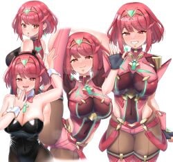 1girls absurdres animal_ear_hairband animal_ears arm_up armor armpits ass bare_shoulders black_gloves black_leotard black_one-piece_swimsuit blush bob_cut breasts chest_jewel cleavage commentary commentary_request core_crystal_(xenoblade) covered_navel cowboy_shot detached_collar earrings fake_animal_ears female fingerless_gloves floating_earrings from_behind full-face_blush gloves grin hairband half-closed_eyes highleg highleg_leotard highres holding_own_leg impossible_clothes jewelry large_breasts leg_up leotard looking_at_viewer looking_back meipasuye nintendo one-piece_swimsuit pantyhose pantyhose_under_shorts playboy_bunny pyra pyra_(pro_swimmer)_(xenoblade) pyra_(xenoblade) rabbit_ear_hairband rabbit_ears rabbit_tail red_eyes red_hair red_shorts red_thighhighs sand short_hair short_sleeves shorts shoulder_armor simple_background smile solo split standing standing_on_one_leg standing_split strapless strapless_leotard super_smash_bros. suspenders swept_bangs swimsuit tail thighhighs thighhighs_over_pantyhose tiara water waving white_background white_wrist_cuffs wrist_cuffs xenoblade_(series) xenoblade_chronicles_(series) xenoblade_chronicles_2