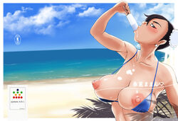 beach bikini black_hair breasts breasts_out capcom chun-li cloud double_bun earrings ice_cream jewelry large_breasts makeup nipples ocean popsicle puffy_nipples sky straight_hair street_fighter system_4-5-1 tan