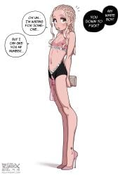 2024 2d africa_earrings artist_name big_eyes blacked_clothing blonde blonde_hair blush_lines blushing blushing_at_viewer bra_and_panties braid braided_hair braids chastity chastity_cage chastity_device clothed color continent-shaped_earrings continent_earrings cornrows dreadlocks earrings english english_text fellatrix female female_only full_color hands_behind_back heels high_heels light_skin looking_at_viewer npples offscreen_character original original_character petite petite_body pouty_lips pumps qos qos_tattoo queen_of_spades queen_of_spades_symbol revealing_clothes riley_(fellatrix) shoes solo speech_bubble tattoo translucent_clothing visible_nipples white_background