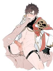 2boys bareback belial_(granblue_fantasy) blush choking cowgirl_position drooling ejaculation ejaculation_while_penetrated granblue_fantasy male/male penetration riding tears tongue_out yaoi