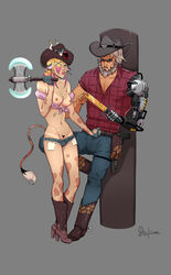 astrid_hofferson cow_girl cowboy_hat disclaimer dreamworks horns how_to_train_your_dragon knife male nipple_piercing nipples robotic_arm tail