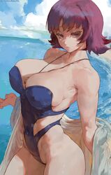 1girls 2021 absurd_res alternate_breast_size artist_name beach bottom_heavy breasts brown_eyes cleavage clouds curvaceous cutesexyrobutts detailed_background female female_only hi_res huge_breasts human labcoat looking_at_viewer mature navel necklace nintendo one-piece_swimsuit pale-skinned_female pale_skin philena_ivy pokemon pokemon_professor pokemon_rgby purple_eyes purple_hair short_hair short_purple_hair signature solo swimsuit thick_thighs thighs venus_body voluptuous water wide_hips