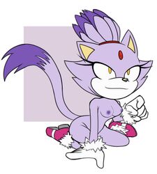 anthro blaze_the_cat breasts crimsontagger female flat_colors kneeling naked_footwear naked_with_shoes_on nude purple_fur purple_nipples sonic_(series) tastikandy yellow_eyes