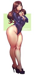 big_ass big_butt bokuman brown_eyes brown_hair hands_on_breasts high_heels hoop_earrings korean leotard long_sleeve_leotard simple_background smiling thick_thighs voluptuous yua_sakuya