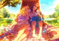 2girls accidental_exposure blake_belladonna canon_couple cherryinthesun date drunk funny multiple_girls no_bra one_breast_out peeping picnic rwby sleepy wide_eyed yang_xiao_long yuri