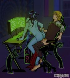 2boys blonde_hair blue_hair blue_skin clothed clothed_sex completely_nude computer cuntboy cuntboy/male from_behind gaming_chair honeyroux intersex jiangshi long_hair looking_away monster pointy_ears reverse_cowgirl_position stitches tentacle ulysses(vjoki) yan(honeyroux)