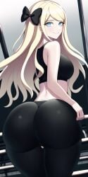 ai_generated big_breasts big_butt blonde_hair blue_eyes butt danganronpa danganronpa_2:_goodbye_despair gym gym_uniform hairbow huge_butt large_butt looking_at_viewer looking_back midriff n.c.b_ai nai_diffusion smile sonia_nevermind stable_diffusion thick_thighs yoga_pants