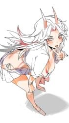 1girls arataki_itto big_breasts breasts demon demon_girl demon_horns face_markings genderswap_(mtf) genshin_impact horns markings mimlmi oni oni_horns red_eyes rule_63 tattoo tongue tongue_out white_hair