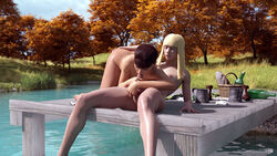 2girls 3d auburn_hair blonde_hair ellia_(sinlord) fellatio female female_only futa_on_female futanari long_hair medium_breasts medium_hair multiple_girls nude nude_female oral outdoor outdoor_sex outdoors outside red_hair sinlord small_breasts yuri yuri