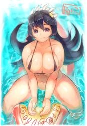 big_breasts black_bra black_hair filia_(skullgirls) lab_zero_games looking_at_viewer pool red_eyes ryu2 samson_(skullgirls) skullgirls smile sunny water