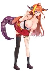 aji_nano_ice asymmetrical_legwear big_breasts blush breasts dragon_horns dragon_tail glasses holoforce hololive hololive_japan kiryu_coco long_hair nipples nude_filter orange_hair png pointy_ears red_eyes ribbon skirt solo_female transparent_background virtual_youtuber wink yellow_streak