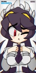 1girls animated animated_gif black_hair blush breasts concerned cute diives filia_(skullgirls) jiggle lab_zero_games one_eye_closed open_mouth red_eyes samson_(skullgirls) school_uniform skullgirls solo_female tie white_background