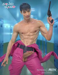 1boy 2021 abs artist_name background belly_button belt black_belt black_hair buff digital_drawing_(artwork) door doors full_color full_colored ground gun hair half_dressed half_naked holding holding_gun holding_object hwang_joon-ho korean logo looking_at_viewer male male_focus male_only meltyx netflix nipples pants patreon_username penis penis_out pink_pants pistol short_hair smile smiling smiling_at_viewer solo solo_male squid_game topless topless_male unknown_source unzipped unzipped_bodysuit unzipped_pants watermark