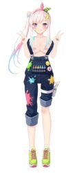 airani_iofifteen aji_nano_ice bandaids_on_nipples blush double_v_sign gradient_hair green_shoes hololive hololive_indonesia hololive_indonesia_area_15 nude_filter overalls paint png purple_eyes ribbon transparent_background virtual_youtuber white_hair