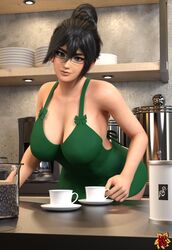 3d black_hair blue_eyes busty female female_focus female_only fumitan_admoss glasses gundam gundam_tekketsu_no_orphans hagiwara_studio hourglass_figure iced_latte_with_breast_milk meme solo tagme waitress waitress_uniform wide_hips