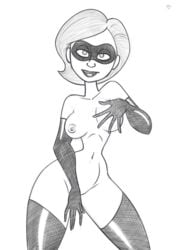 1girls breasts disney elastigirl female female_only gloves helen_parr horny_female looking_at_viewer monochrome naked nipples nude open_mouth pixar roger_bacon smooth_skin solo superheroine tagme the_incredibles thigh_highs thighhighs thin_female white_background