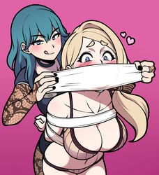 2girls :p :q arms_behind_back assertive_female bandage bandage_bondage bandage_gag bangs bare_shoulders bdsm beige_bra beige_panties black_choker black_nails blonde_hair blue_eyes blue_hair blush bondage bound bound_arms bra breasts bridal_gauntlets brown_lingerie brown_panties byleth_(fire_emblem) byleth_(fire_emblem)_(female) choker cleavage cloth_gag collarbone commentary_request cowboy_shot deep_cleavage enjoyment eyebrows_visible_through_hair female female_only femdom femsub fingernails fire_emblem fire_emblem:_three_houses gag gagged hair_between_eyes hair_over_shoulder happy_dom happy_sub heart heart-shaped_pupils highres horny_female horny_sub improvised_gag jam-orbital large_breasts leggings lezdom lezsub licking_lips licking_own_lips lingerie long_hair looking_at_viewer medium_hair mercedes_von_martritz microfoam microfoam_tape multiple_girls nail_polish naughty_face navel nintendo panties pink_background punishment putting_on_gag roll_of_tape shorts side_ponytail simple_background smile standing stomach tape tape_bondage tape_gag taped_arms taped_mouth teal_hair thong tongue tongue_out underwear underwear_only white_tape willing_sub yellow_panties yuri