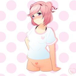 1girls artist_signature blush blushing_at_viewer clothed doki_doki_literature_club hair_ribbon heart natsuki_(doki_doki_literature_club) no_panties no_pants pink_hair pussy red_hair_ribbon red_ribbon scribblyatnight shirt_only simple_background small_breasts smiling smiling_at_viewer white_shirt