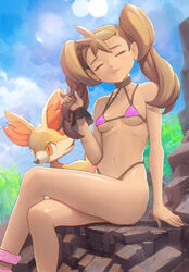 1girls bikini breasts brown_hair closed_eyes crossed_legs fennekin game_freak holding_hair nintendo outside pokemon pokemon_(species) pokemon_xy rocks shauna_(pokemon) sitting small_breasts tan_skin underboob yugen99