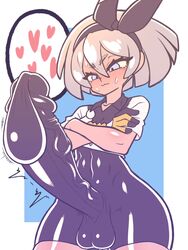 1futa :3 abs balls bea_(pokemon) big_ass big_balls bodysuit clothed clothing condom_suit cum cum_balloon cum_in_clothes ejaculation erection fully_clothed futa_only futanari grey_hair hair_ribbon hands-free handsfree_ejaculation huge_cock human hyper hyper_penis kaikoinu large_penis light-skinned_futanari light_skin nintendo pale_skin penis pokemon pokemon_ss short_hair solo speech_bubble spoken_heart standing sweat testicles thick_thighs thighs tight_fit veiny_penis wide_hips