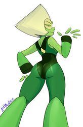 alien alien_girl arttmadness blank_background glasses green_skin looking_at_viewer looking_back peridot_(steven_universe) she_technically_naked smirk steven_universe tight_clothing yellow_hair