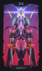 2futas areolae balls big_breasts big_penis breasts clothed clothing cock_ring demon demon_futa duo elbow_gloves erection futa_only futanari gloves glowing glowing_eyes horned_humanoid horns humanoid humanoid_penis judgement_(tarot) mask mostly_nude nipple_rings nipples penis red-skinned_futanari red_skin standing sword symmetry tail tailbox tarot tarot_card tarot_deck text thighhighs weapon white_hair