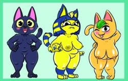 animal_crossing animal_humanoid ankha big_breasts breasts cat_ears cat_tail chubby fangs feline kiki_(animal_crossing) looking_at_viewer nintendo nipples nude nude_female pinup pussy shortstack tangy_(animal_crossing) thick_thighs wide_hips