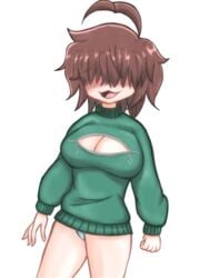 1girls alyssa(lewdsyrup) aylssa(lewdsyrup) big_breasts blush boob_window bottomless breasts brown_hair cat_mouth cleavage female female_only lewdsyrup no_eyes original original_character panties partially_clothed solo straight sweater window zipper zipper_pull_tab