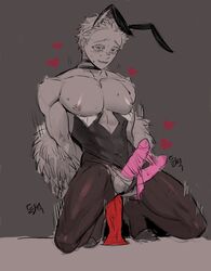 akaza_(kimetsu_no_yaiba) bouncing_penis bunny_ears bunnysuit condom crossdressing demon_boy demon_slayer dildo dildo_in_ass dildo_sitting erection feather_boa high_heels kimetsu_no_yaiba kneeling male male_only muscular muscular_male neck_tattoo nipple_piercing pantyhose penis restricted_palette solo squatting sweat umaidkzkwk