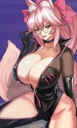 1girls absurdres animal_ear_fluff animal_ears animal_tail bangs big_breasts black_bodysuit blush bodysuit bowing breasts center_opening cleavage fate/grand_order fate_(series) female fox fox_ears fox_girl fox_tail glasses hair hair_between_eyes hairbow heart highres hip_vent inner_sideboob koyanskaya_(assassin) koyanskaya_(assassin_first_ascension) koyanskaya_(fate) large_breasts latex latex_suit lips long_hair looking_at_viewer loooyd oerba_yun_fang open_clothes open_jacket open_mouth open_smile pink_bow pink_hair ponytail smile solo solo_female solo_focus tail thick_thighs thighs yellow_eyes