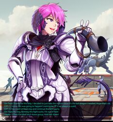 1girls armor au_ra blue_eyes comic final_fantasy final_fantasy_xiv hmage horn imminent_rape light_skin mouth_full pink_eyes pink_hair short_dress sin_faye solo tail_ring text xaela