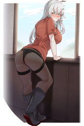 1girls 2d 2d_(artwork) 5_fingers ahoge ass back back_view backboob background big_ass big_breasts black_boots black_panties black_pantyhose black_underwear blush blush_lines blushing blushing_at_viewer boots cigarette cigarette_in_mouth clothed clothed_female clothing cloud clouds cloudy_sky color colored ears_through_headwear embarrassed eyelashes facial_scar female female_focus female_only frown frowning_at_viewer full_body fully_clothed fully_clothed_female gangut_(kantai_collection) grey_hair hairclip hand_on_object huge_breasts human indoors kantai_collection light-skinned_female light_skin long_hair looking_at_viewer looking_back object_in_mouth one_leg_bent panties pantyhose red_shirt ryuun_(stiil) scar scar_on_cheek scar_on_face shirt short_sleeves shy side_view sideboob silver_hair sky smoke smoking smoking_cigarette solo solo_female solo_focus standing sweat sweatdrop thigh_strap wall wall_(structure) white_background white_eyelashes white_hair window yellow_eyes