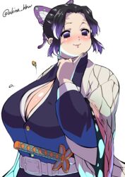 akina_bbw angry bbw big_breasts black_hair blush butterfly_hair_ornament chubby chubby_female cleavage demon_slayer female female_only fully_clothed haori kimetsu_no_yaiba kochou_shinobu no_bra open_shirt overweight popped_button purple_eyes solo sword two_tone_hair upper_body veins