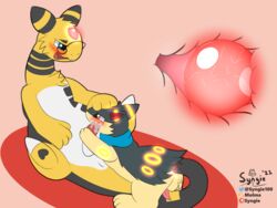 ampharos balls bodily_fluids cum cum_in_mouth cum_inside eyewear feral genital_fluids genitals glasses glowing_orb glowing_ring head_pat hi_res male male/male nintendo penis pokémon_(species) pokemon pokemon_(species) quilava sex syngie_(artist) tail_fetish tail_play tail_sex video_games