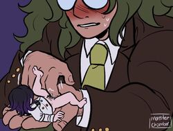 1boy 1cuntboy black_hair blush bottomless clothed cuntboy danganronpa danganronpa_v3 giant glasses gokuhara_gonta green_hair heavy_blush intersex legs_up light_skin macro/micro male micro micro_on_macro miniboy monsterchamber ouma_kokichi precum purple_hair rubbing_pussy size_difference spread_legs straight_hair suit tan_skin two_tone_hair wet