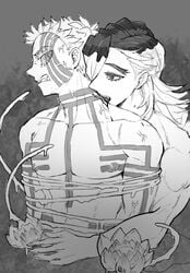 2boys akaza_(kimetsu_no_yaiba) angry bite_mark biting body_markings bondage clenched_teeth demon_boy demon_slayer douma facial_markings fangs from_behind gay kimetsu_no_yaiba looking_back male male_only monochrome muscular muscular_male neck_bite restrained thick_eyebrows two_tone_hair umaidkzkwk upper_body veins yaoi
