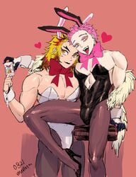 2boys akaza_(kimetsu_no_yaiba) alternate_costume blonde_hair bunny_ears bunnysuit crossdressing demon_slayer fangs feather_boa high_heels kimetsu_no_yaiba looking_at_viewer male male_only muscular muscular_male neck_ribbon pale-skinned_male pantyhose pink_hair rengoku_kyoujurou smile tongue_out tongue_piercing two_tone_hair umaidkzkwk yellow_eyes