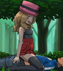 1boy 1girls amourshipping animated ash_ketchum black_hair blonde_hair blue_eyes bouncing_breasts brown_skin clothed_sex cowgirl_position dagger_(artist) edit feet forest girl_on_top happy_sex hat human jacket looking_at_viewer lying_down moaning nature nintendo open_mouth pants_down pokemon pokemon_(anime) pokemon_xy red_skirt satoshi_(pokemon) serena_(pokemon) sex skirt small_breasts smile smug smug_face thighhighs thighs tree visible_nipples