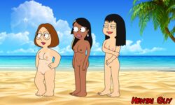 3girls accurate_art_style american_dad beach breasts family_guy female_focus female_only hayley_smith meg_griffin multiple_girls nipples nude nude_female pussy roberta_tubbs the_cleveland_show