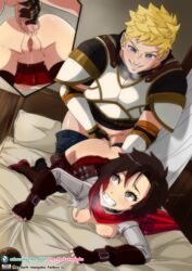anal anus armor ass bed bedroom black_hair blonde_hair blue_eyes breasts clenched_teeth duo female fingerless_gloves gloves jaune_arc light-skinned_male light_skin male nipples on_bed pussy rape rape_face red_hair ripped_clothing ruby_rose rwby sex_from_behind silver_eyes tears the_dark_mangaka torn_clothes two_tone_hair