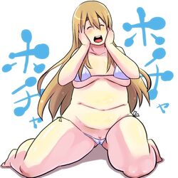 bikini brown_hair cameltoe chimosaku chubby closed_eyes fat female k-on! large_breasts open_mouth plump solo thick_thighs tsumugi_kotobuki_(k-on!) white_background