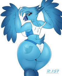 1female 1girls anthro ass ass_focus avian back_view big_ass big_breasts big_butt big_thighs bird_wings blue_body blue_feathers breasts bubble_butt dumptruck_ass fat_ass feathers female female_only huge_ass huge_breasts huge_thighs legs_together logo looking_at_viewer looking_back mascot mature mature_body mature_figure mature_woman milf mommy panties partially_clothed rear_view renegade-157 round_ass round_breasts sideboob solo solo_female tagme tail_feathers thick thick_ass thick_thighs thighs thin_waist tweetfur twitter twitter_bird voluptuous voluptuous_female white_background wide_hips wings x