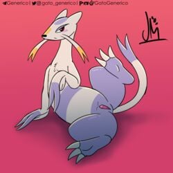 1:1 blush digital_media_(artwork) female feral fur furry furry_only gatogenerico genitals hi_res looking_at_viewer mammal mienshao nintendo nude pokémon_(species) pokemon pussy red_eyes simple_background solo tail video_games