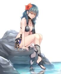 1girls alternate_costume bangs bare_arms bare_midriff bare_shoulders bare_thighs big_breasts bikini bikini_bottom bikini_top black_bikini black_bikini_bottom black_bikini_top black_footwear black_swimsuit blue_eyes breasts byleth_(fire_emblem) byleth_(fire_emblem)_(female) byleth_(summer)_(fire_emblem)_(female) cleavage dagger female female_only fire_emblem fire_emblem:_three_houses fire_emblem_heroes flower flower_in_hair hair_flower hair_ornament highres human human_only knife legs light-skinned_female light_skin long_legs looking_at_reflection looking_down moja_(moquackja) nintendo official_alternate_costume parted_lips rock sandals sitting sitting_down sitting_on_rock solo solo_female swimsuit thighs water weapon