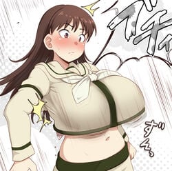 bangs big_breasts blush bra_busting brown_eyes bursting_breasts bursting_clothes crop_top huge_breasts kantai_collection long_hair long_sleeves motion_lines naval_uniform navel ooi_(kantai_collection) ryuun_(stiil) sailor_collar school_uniform serafuku surprised sweatdrop underboob uniform wide_eyed