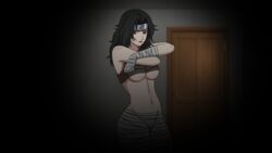 1girls bandages big_breasts black_hair breasts dark_room female female_only jikage_rising kurenai_yuhi lipstick looking_at_viewer makeup mature mature_female milf naruto naruto_(series) naruto_shippuden red_eyes shirt shirt_lift smilingdog solo solo_focus underboob undressing yuuhi_kurenai